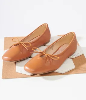 1960s Tan Leatherette Bow Ballet Flats