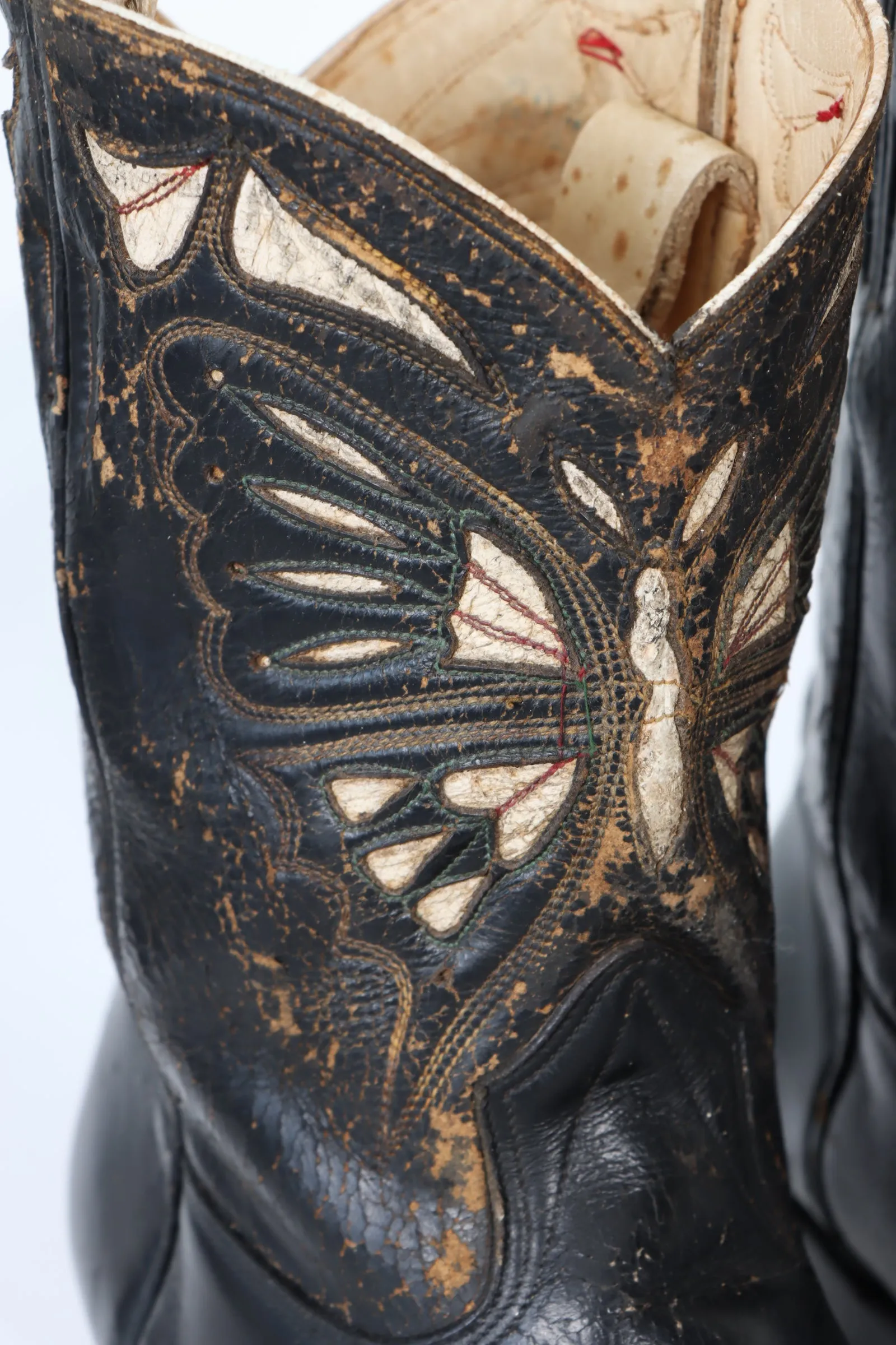 Antique 1920/30s Butterfly Inlay Black Leather Cowboy Boots (10.5)