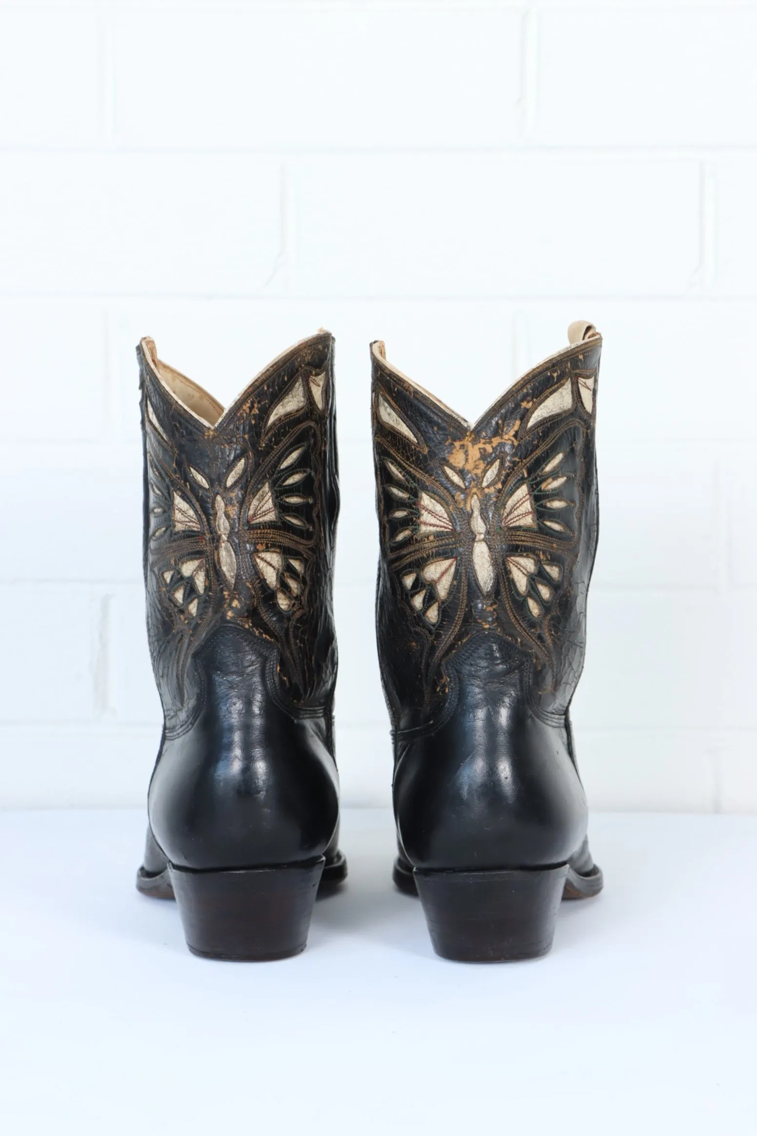 Antique 1920/30s Butterfly Inlay Black Leather Cowboy Boots (10.5)