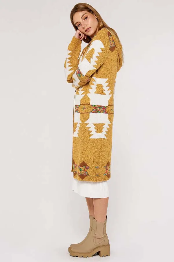 Apricot. Mustard Aztec Hooded Cardigan