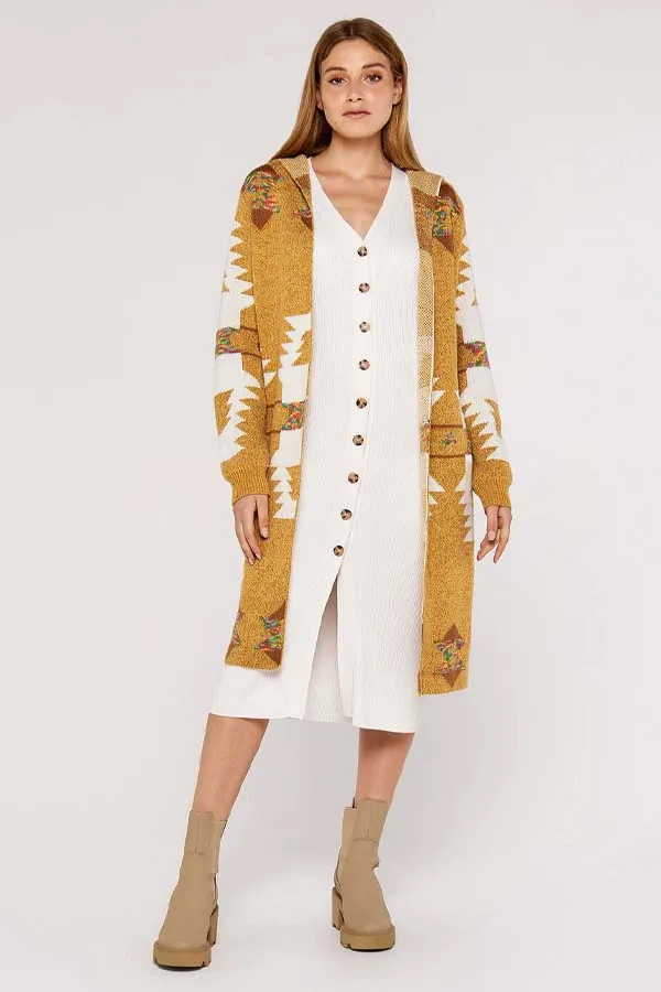 Apricot. Mustard Aztec Hooded Cardigan