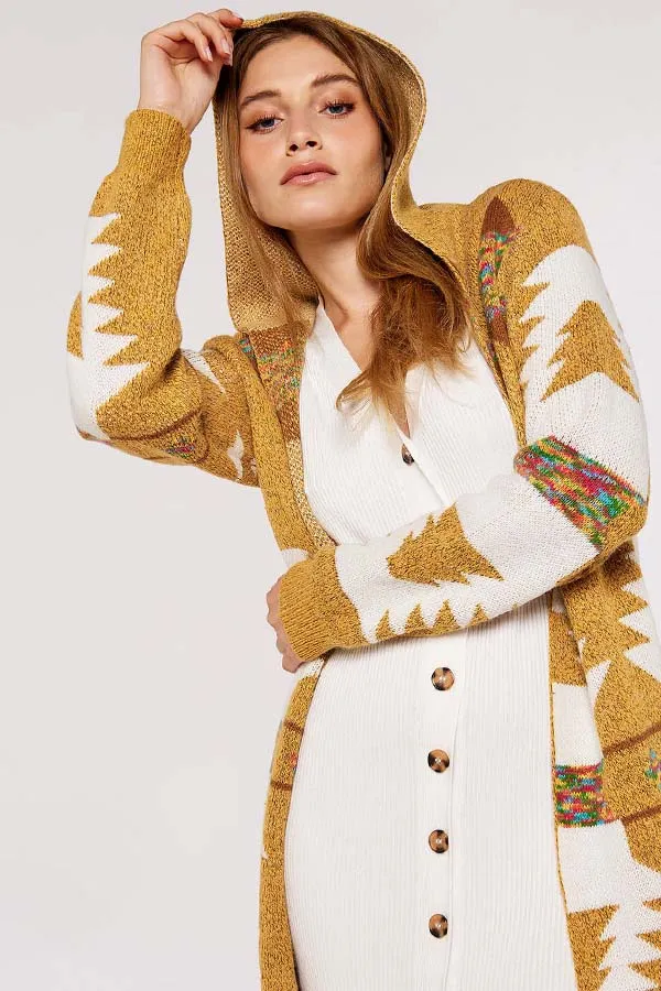 Apricot. Mustard Aztec Hooded Cardigan