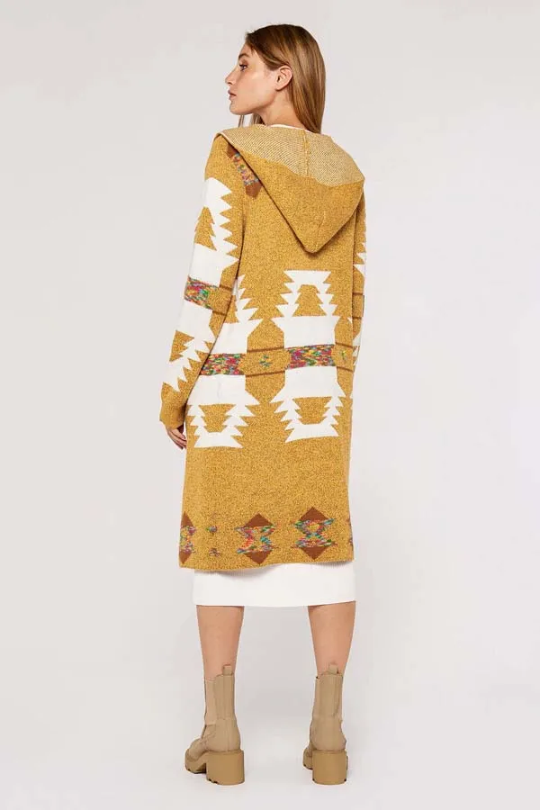 Apricot. Mustard Aztec Hooded Cardigan