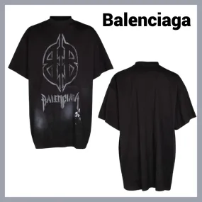 BALENCIAGA  |Crew Neck Pullovers Cotton Short Sleeves Oversized Logo