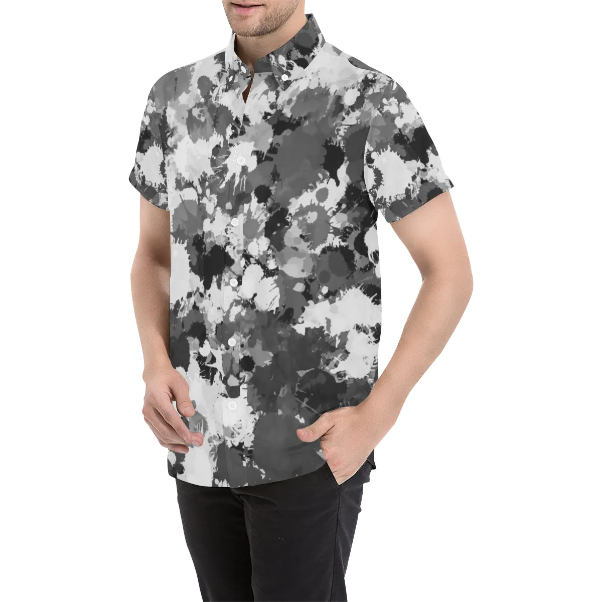 Black and White Paint Splatter Short Sleeve Button Up Shirt