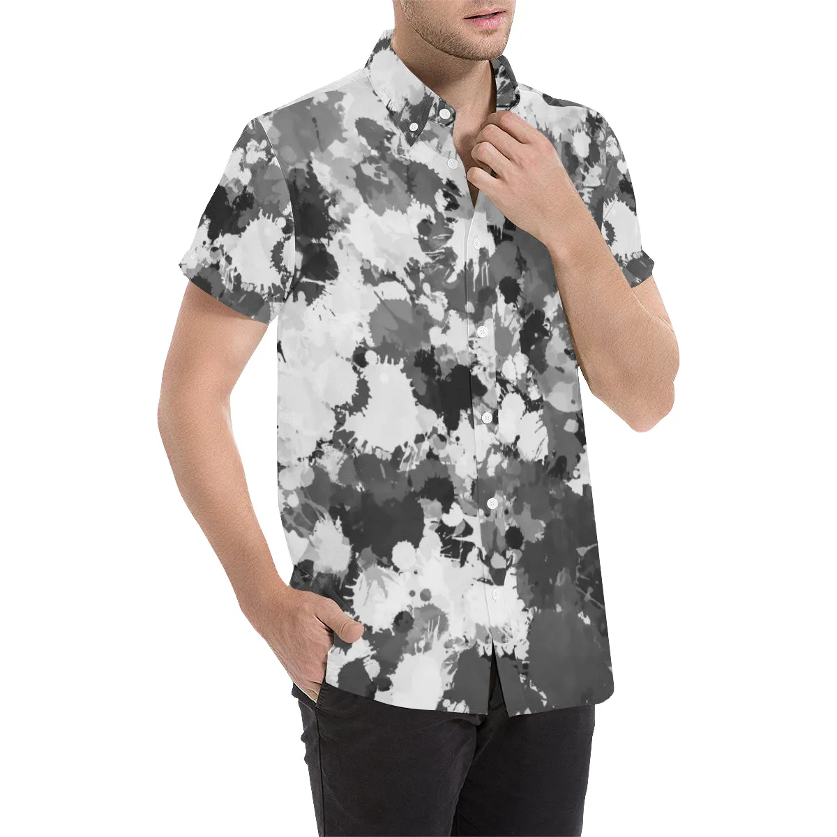 Black and White Paint Splatter Short Sleeve Button Up Shirt