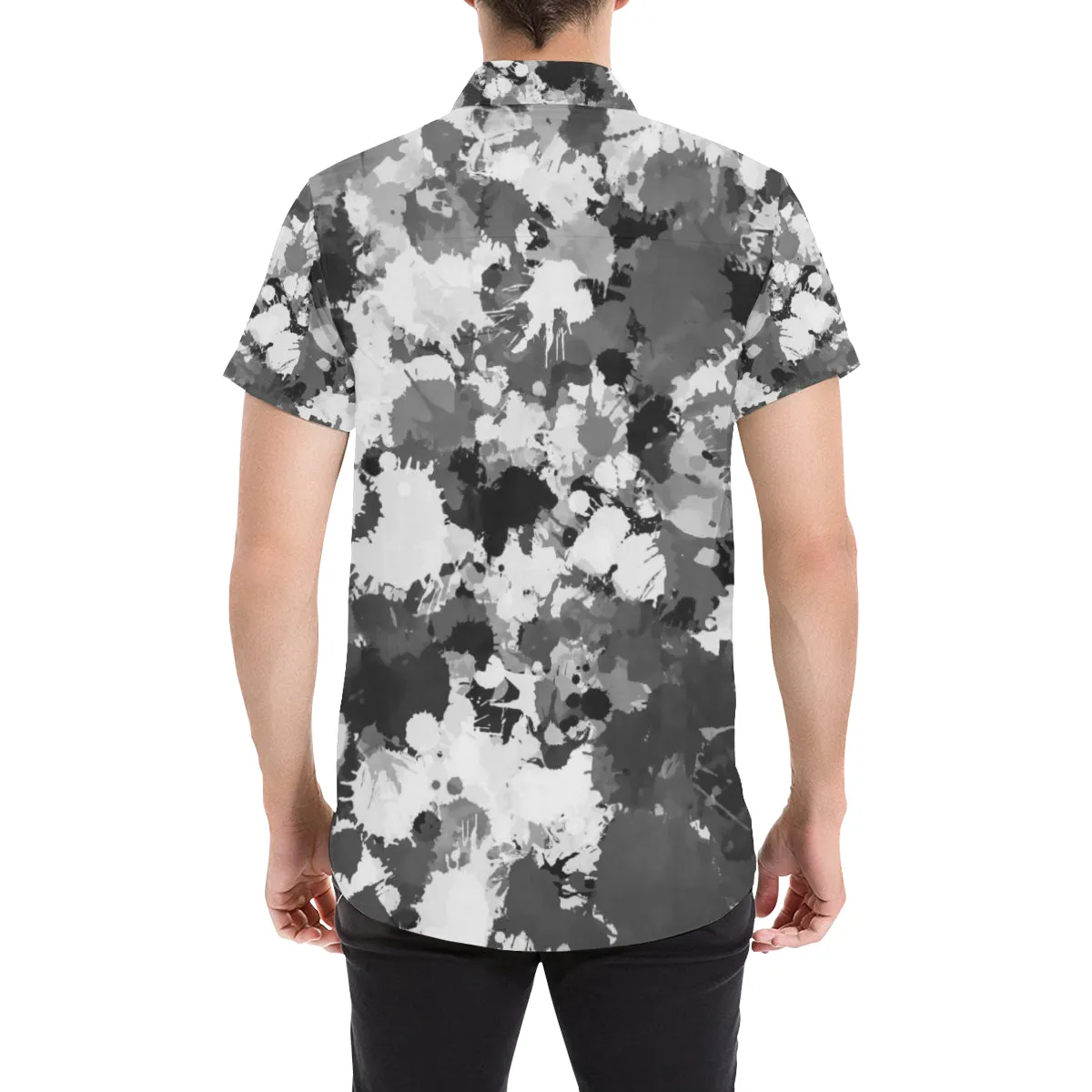 Black and White Paint Splatter Short Sleeve Button Up Shirt