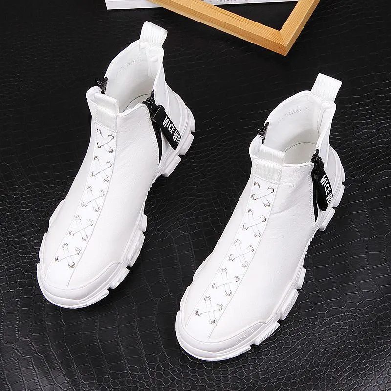 Casual Men's Solid Cow Leather Breathable Vulcanize Tennis Boots Shoes