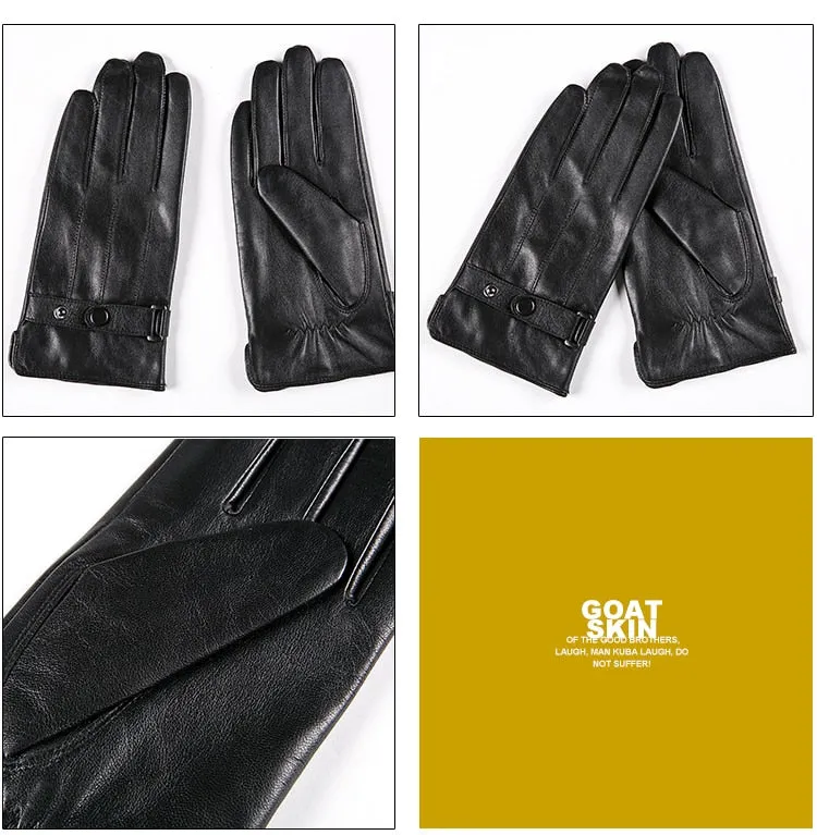 Fashion Black Genuine Goatskin Fleece Lining Warm Driving Gloves for Men