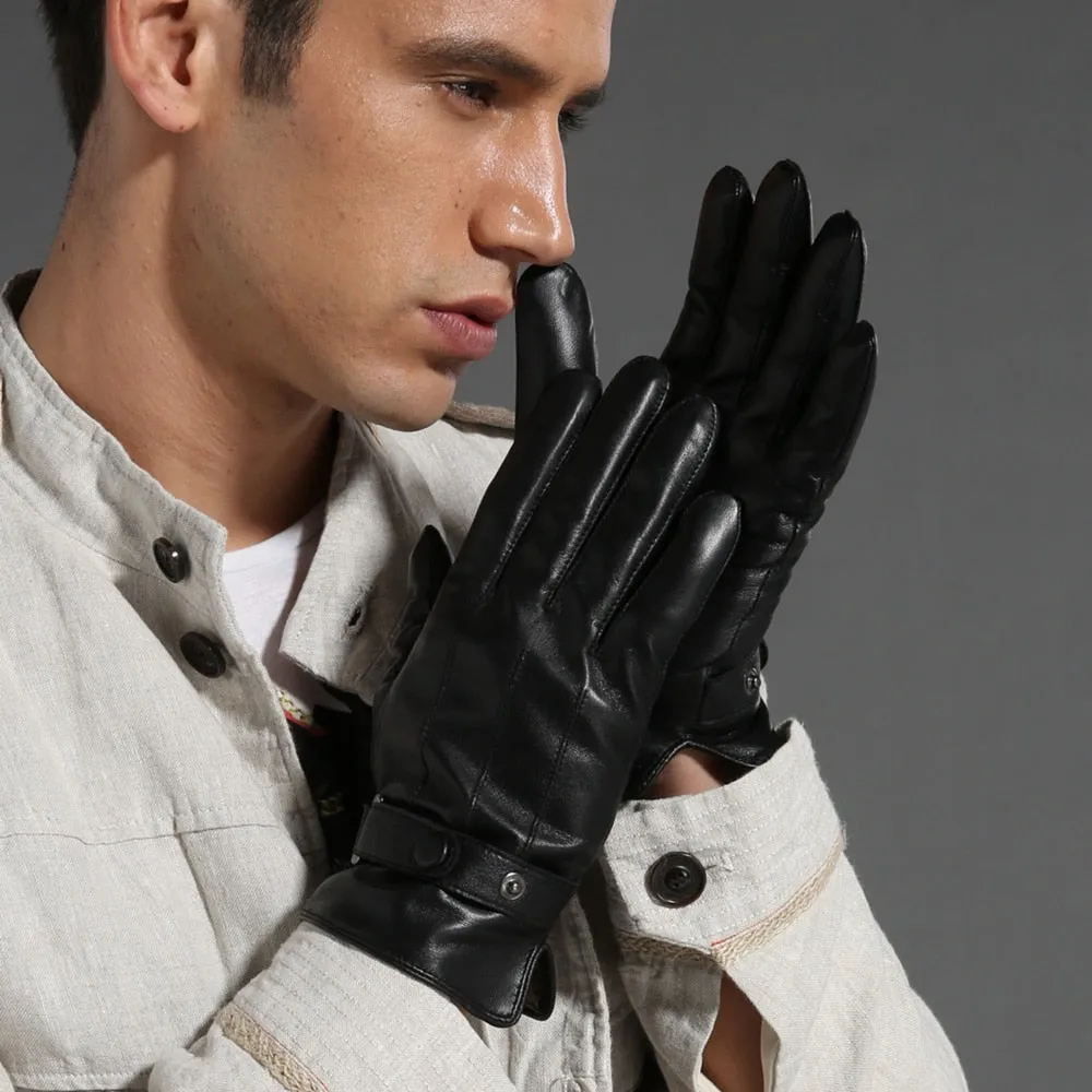 Fashion Black Genuine Goatskin Fleece Lining Warm Driving Gloves for Men