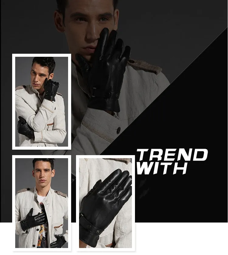 Fashion Black Genuine Goatskin Fleece Lining Warm Driving Gloves for Men