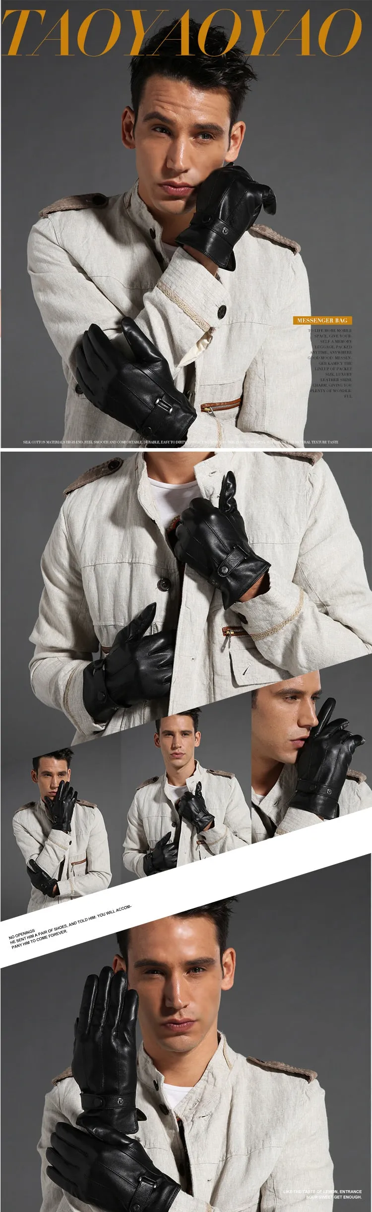 Fashion Black Genuine Goatskin Fleece Lining Warm Driving Gloves for Men