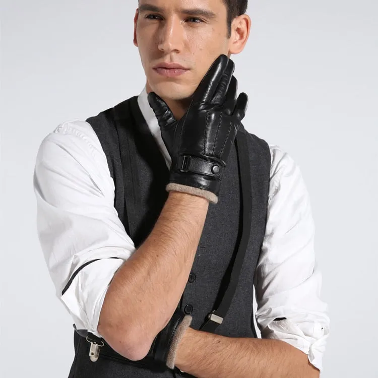 Fashion Black Goatskin Wool Lining Warm Hand Gloves for Men