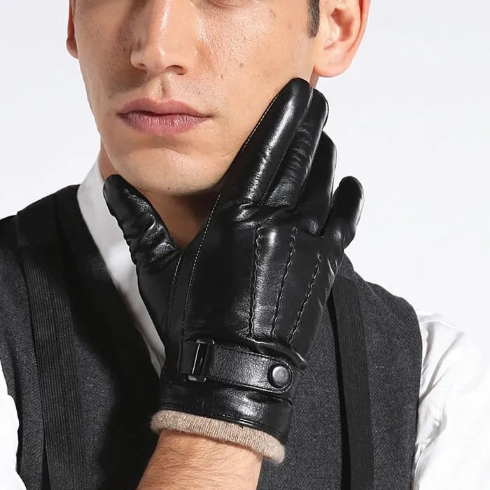 Fashion Black Goatskin Wool Lining Warm Hand Gloves for Men