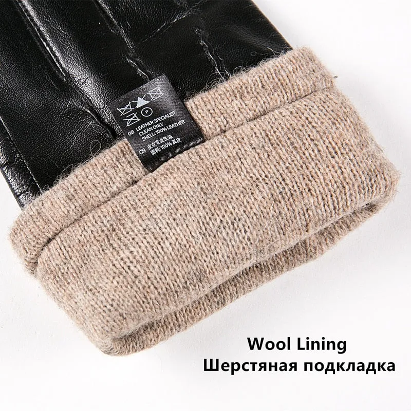 Fashion Black Goatskin Wool Lining Warm Hand Gloves for Men