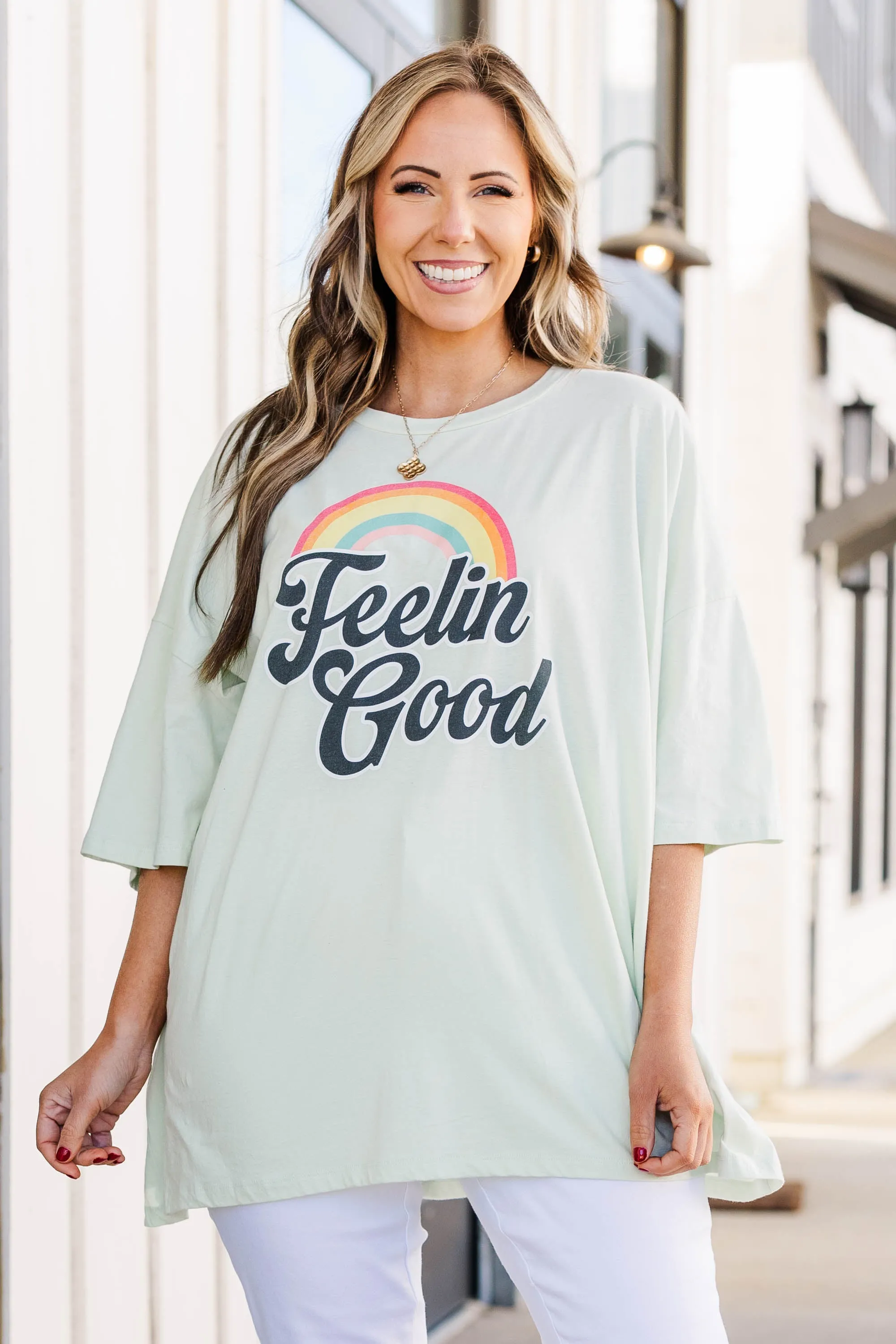 Feelin' Good Today Boyfriend Tee, Cream Mint