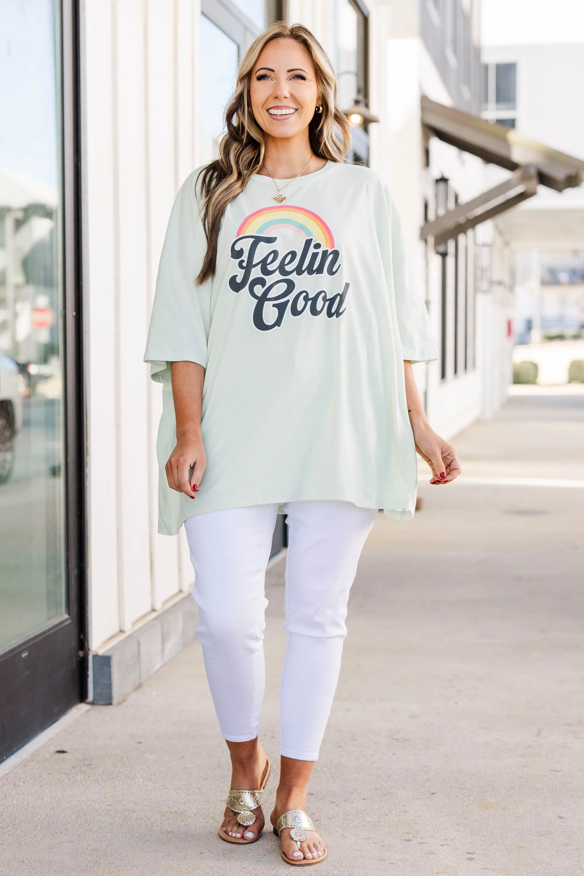 Feelin' Good Today Boyfriend Tee, Cream Mint