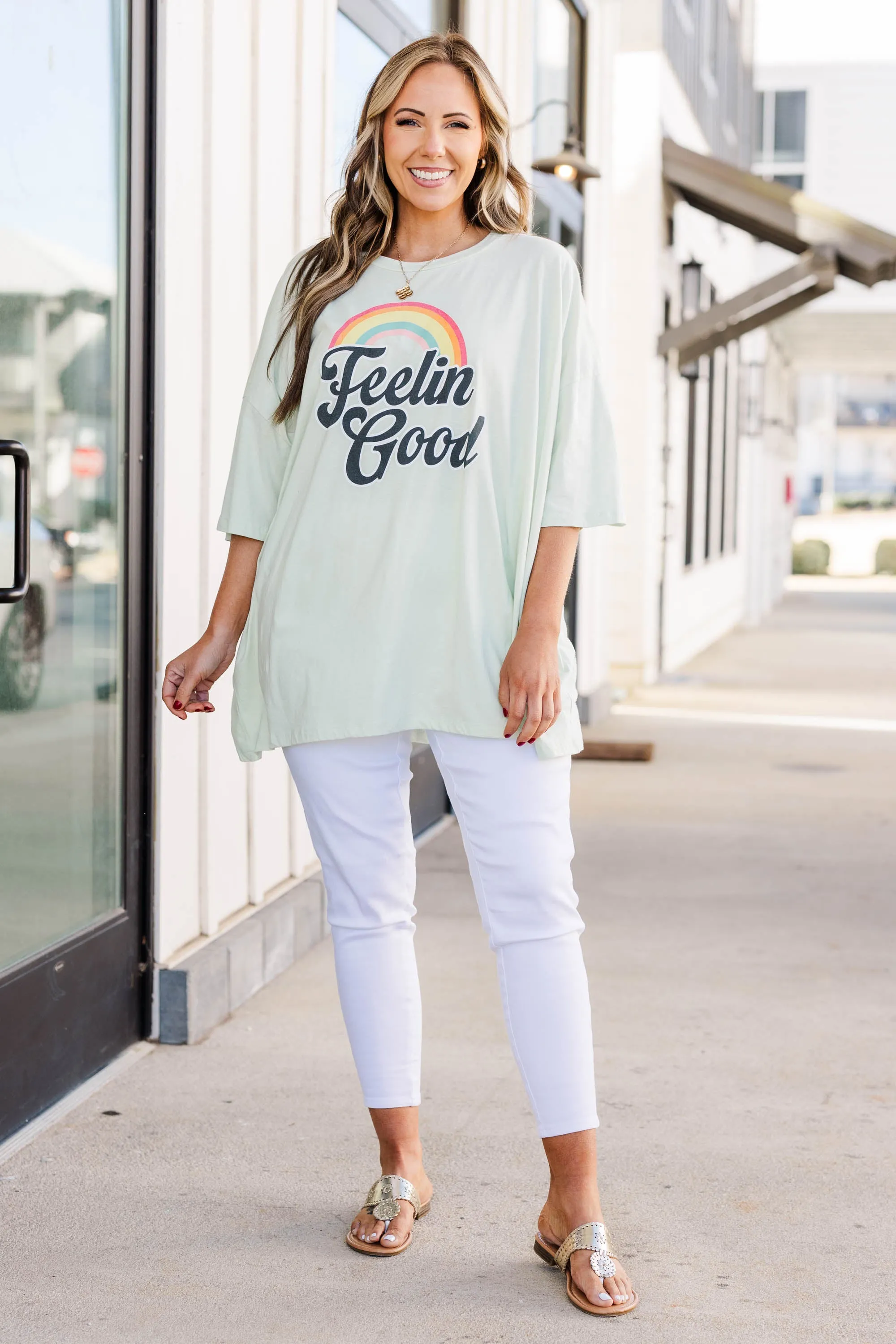 Feelin' Good Today Boyfriend Tee, Cream Mint