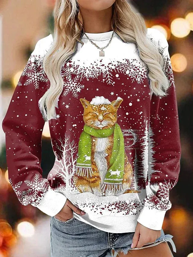 Festive Cat Snowflake Print Women's Pullover Sports Top