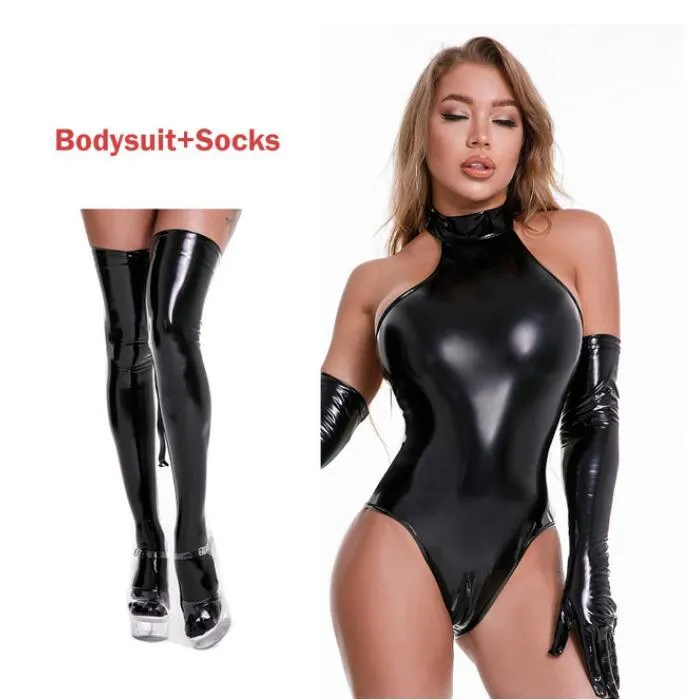 Glossy PU Leather Bodysuit with Socks And Gloves