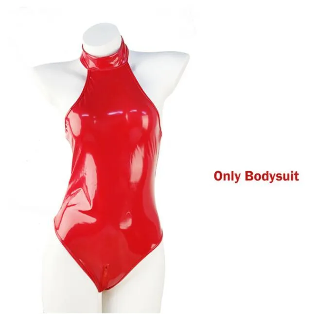 Glossy PU Leather Bodysuit with Socks And Gloves