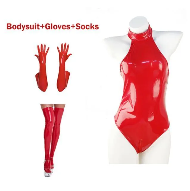 Glossy PU Leather Bodysuit with Socks And Gloves