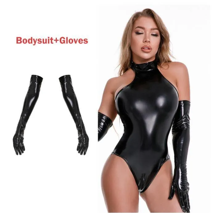 Glossy PU Leather Bodysuit with Socks And Gloves