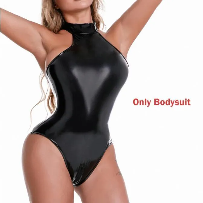 Glossy PU Leather Bodysuit with Socks And Gloves