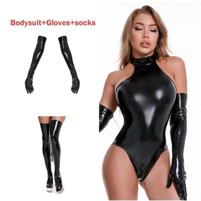 Glossy PU Leather Bodysuit with Socks And Gloves