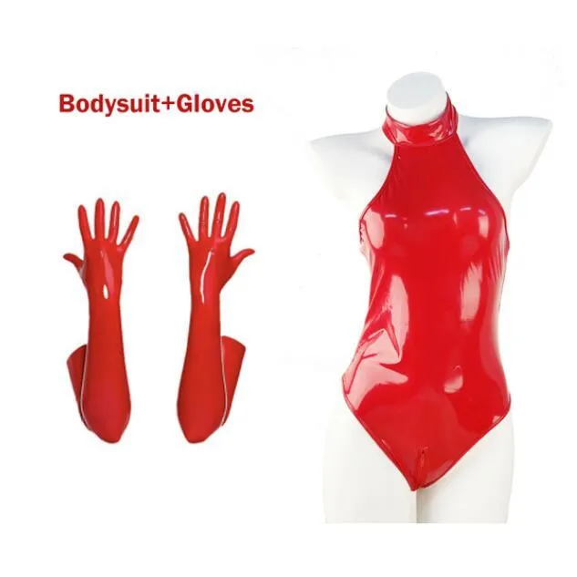 Glossy PU Leather Bodysuit with Socks And Gloves