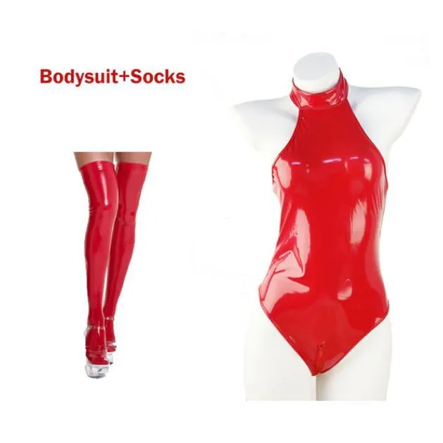 Glossy PU Leather Bodysuit with Socks And Gloves