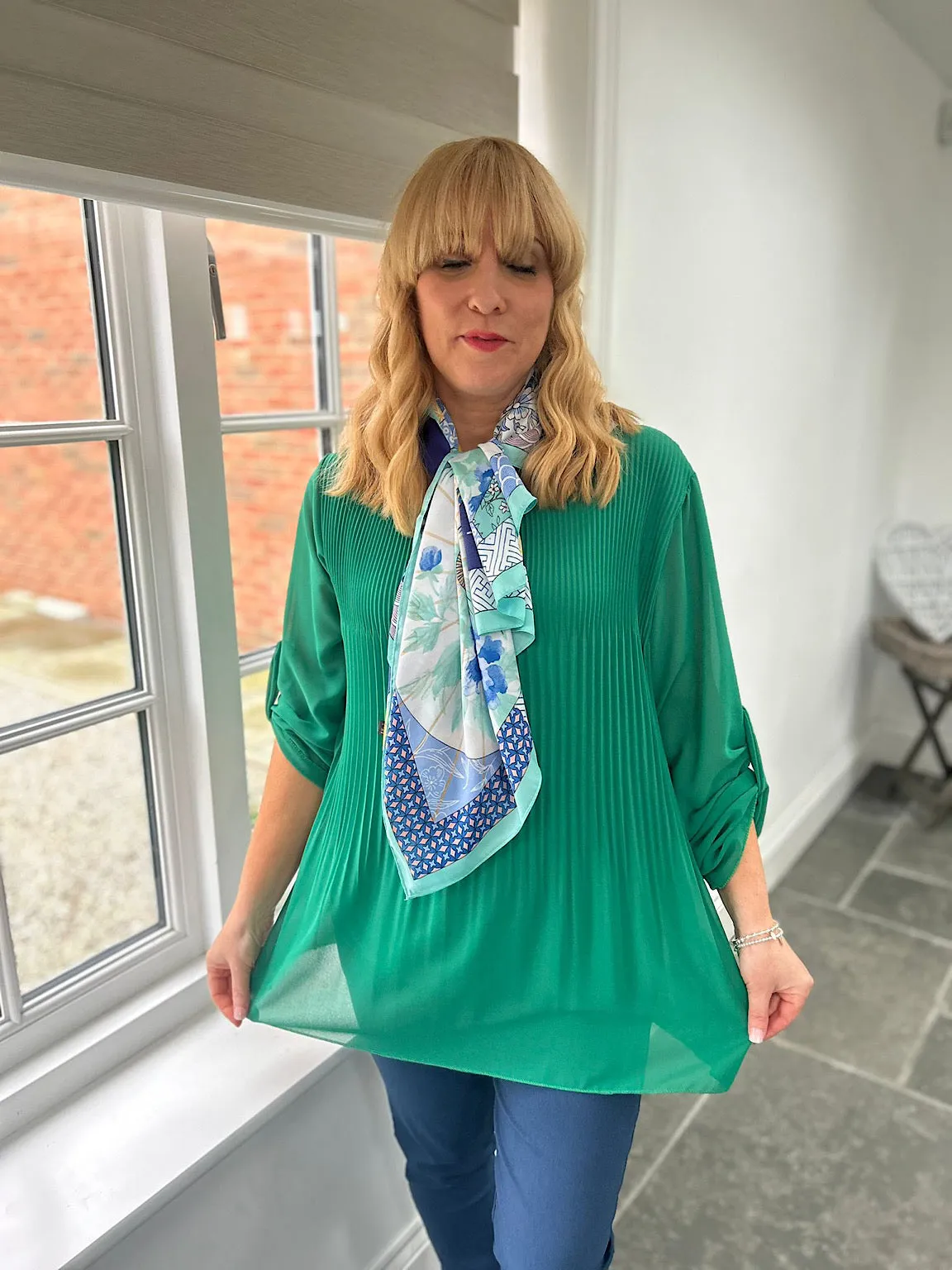 Green Button Sleeve Pleated Blouse Elaine