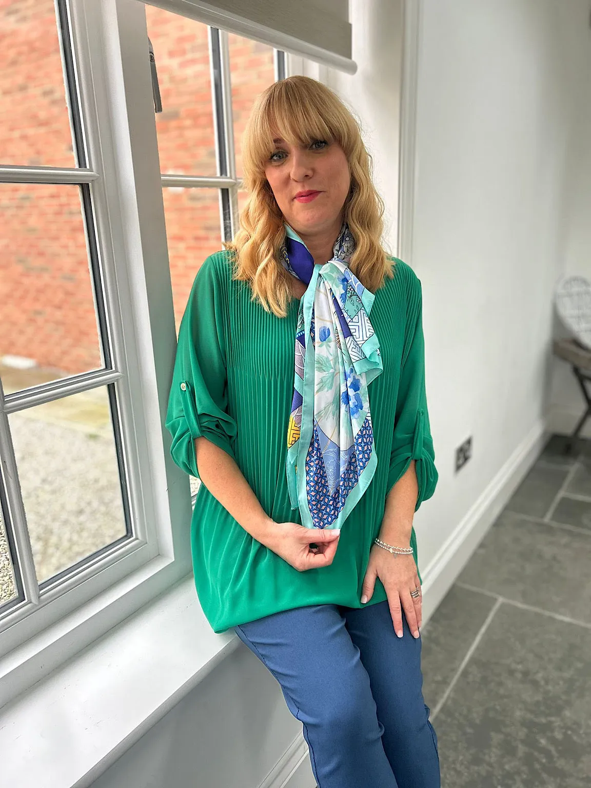 Green Button Sleeve Pleated Blouse Elaine