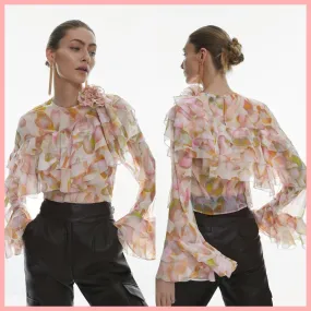 Karen Millen  |Flower Patterns Casual Style Long Sleeves Puff Sleeves