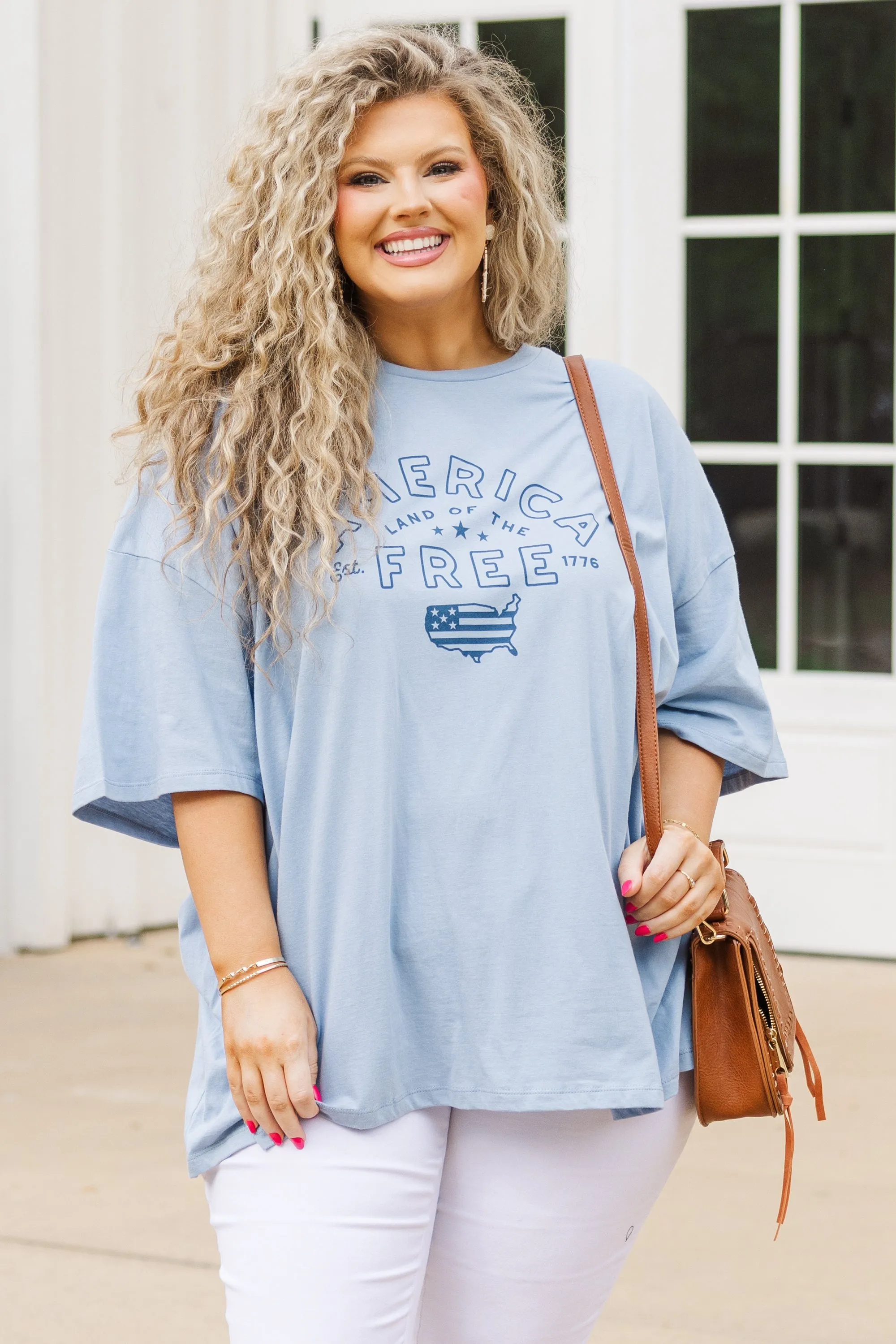 Land Of The Free Boyfriend Tee, Ash Blue