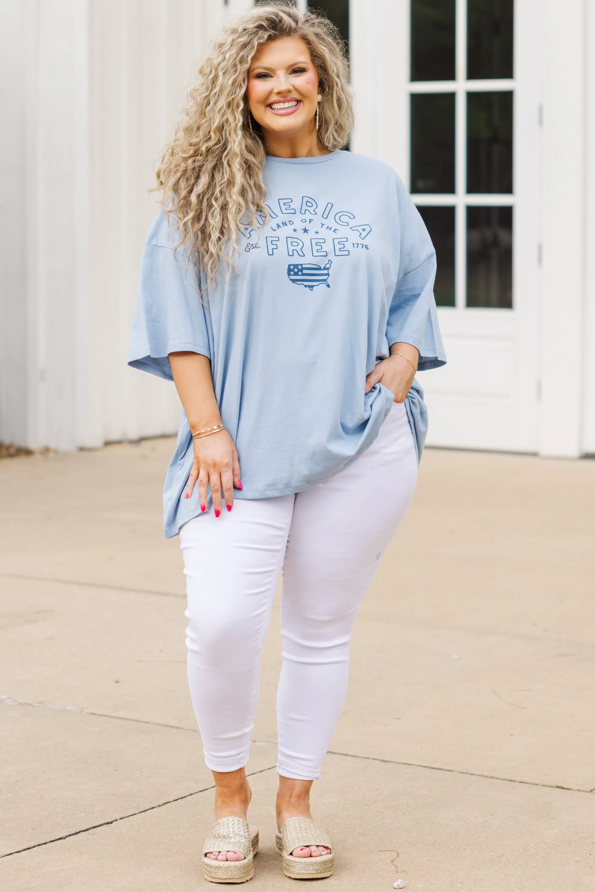 Land Of The Free Boyfriend Tee, Ash Blue