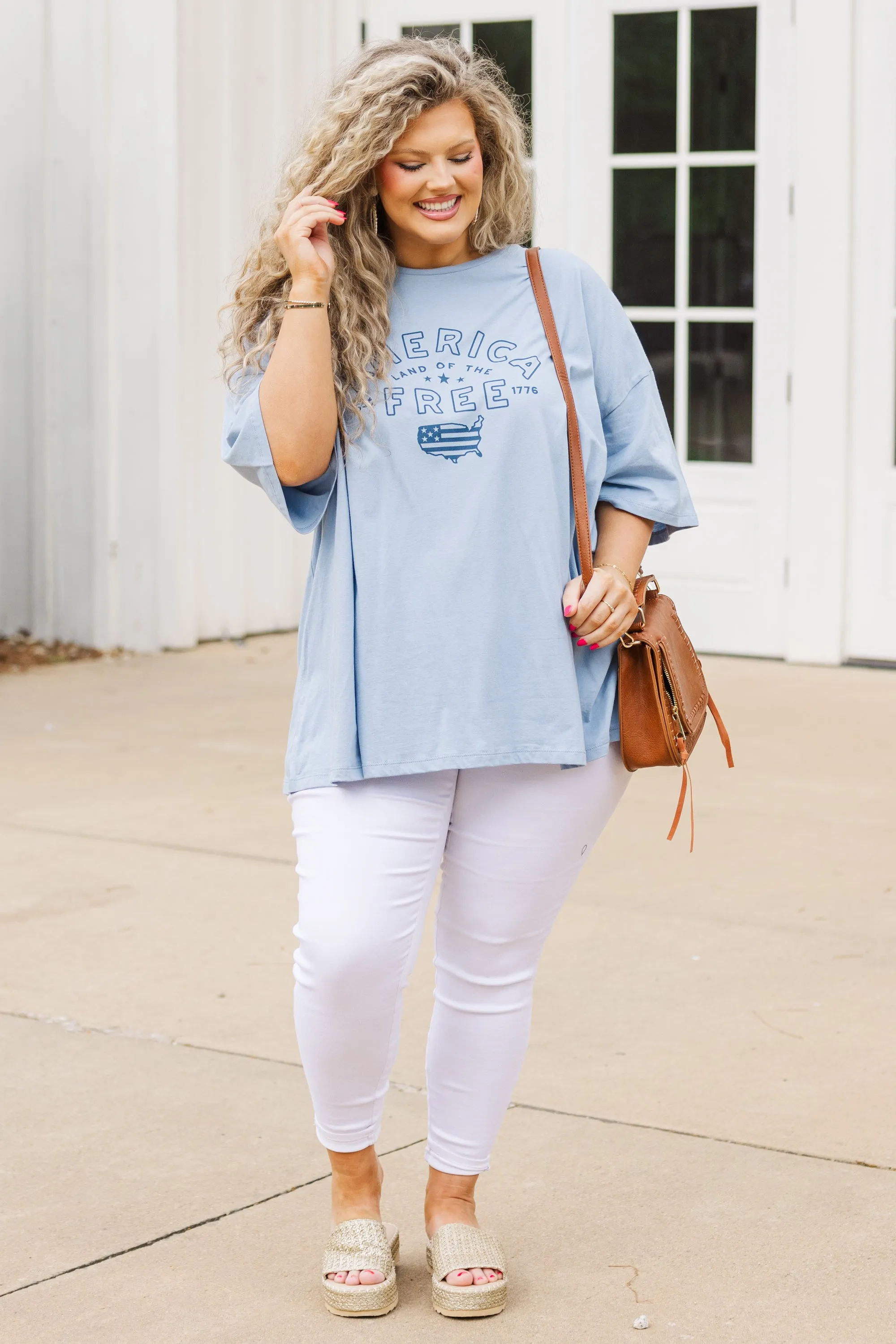 Land Of The Free Boyfriend Tee, Ash Blue