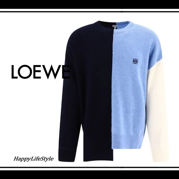 LOEWE  |Crew Neck Pullovers Wool Long Sleeves Plain Logo Asymmetry