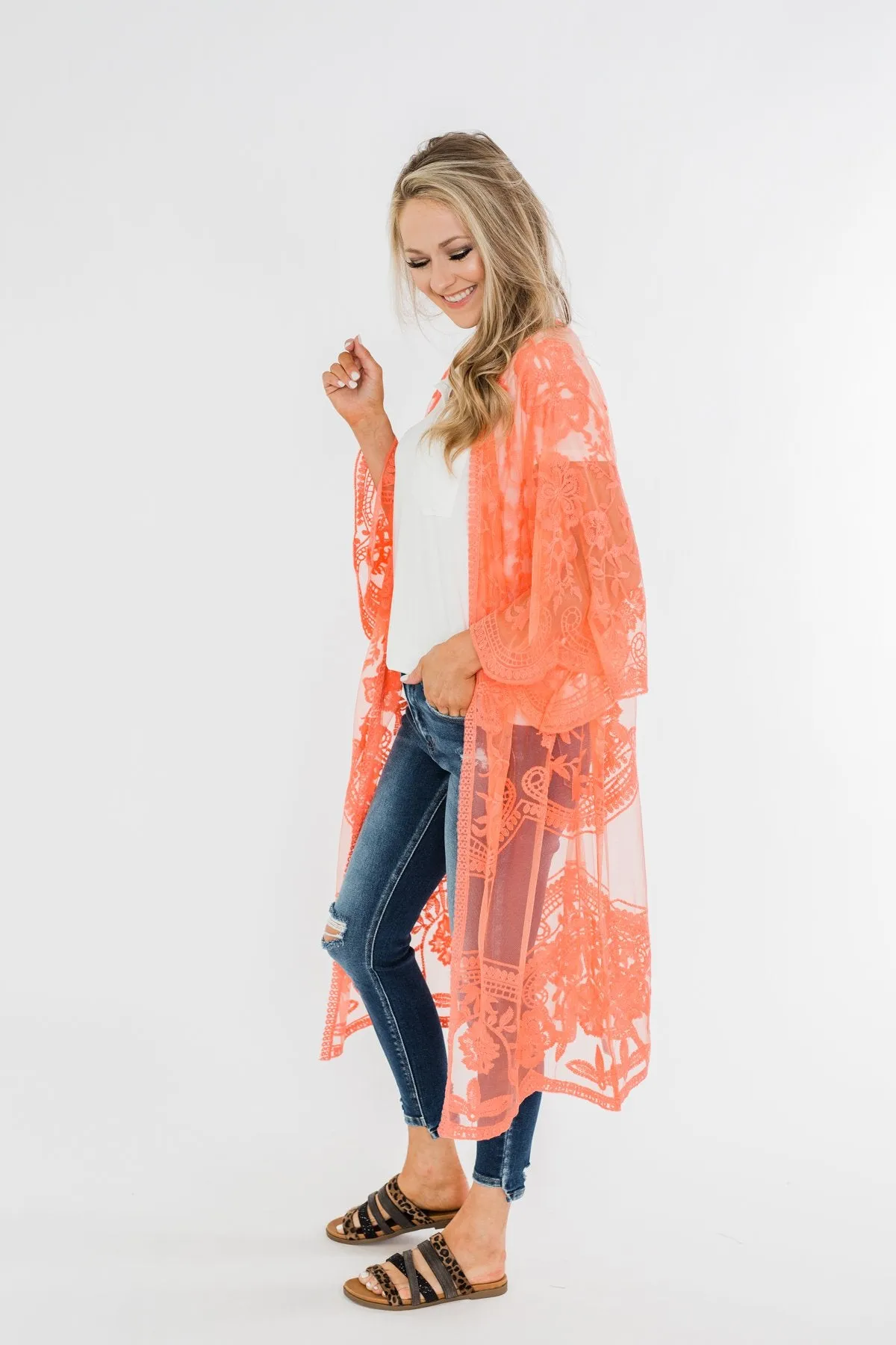 Long Sheer Floral Lace Kimono- Coral