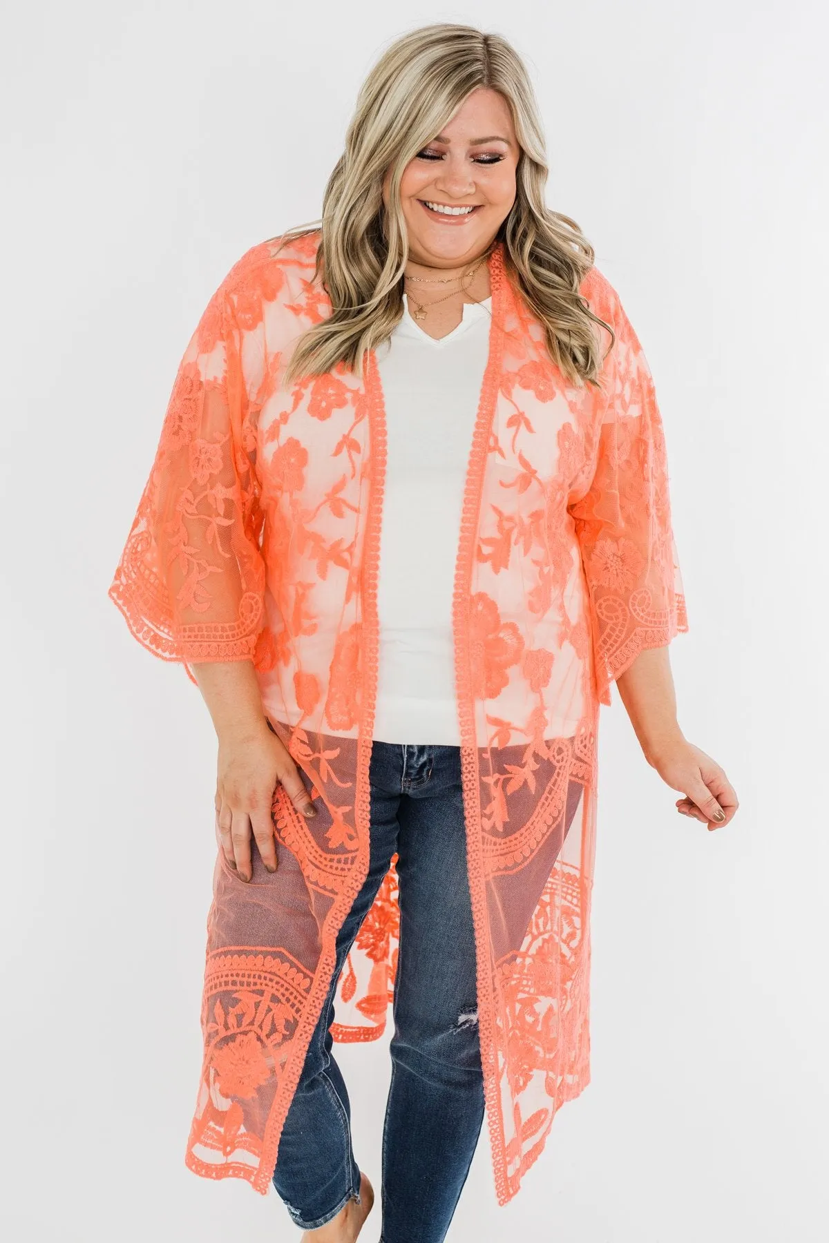 Long Sheer Floral Lace Kimono- Coral