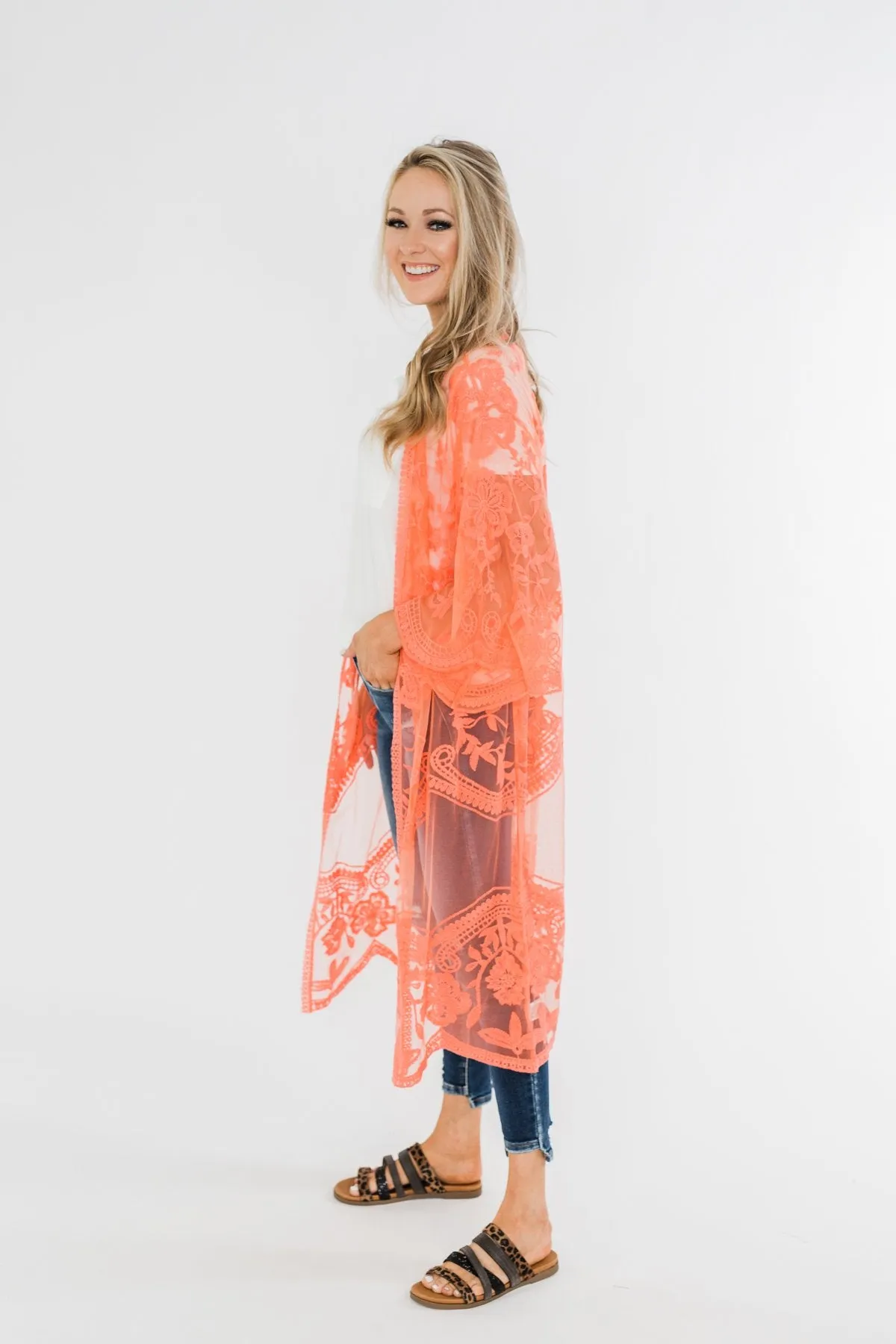 Long Sheer Floral Lace Kimono- Coral