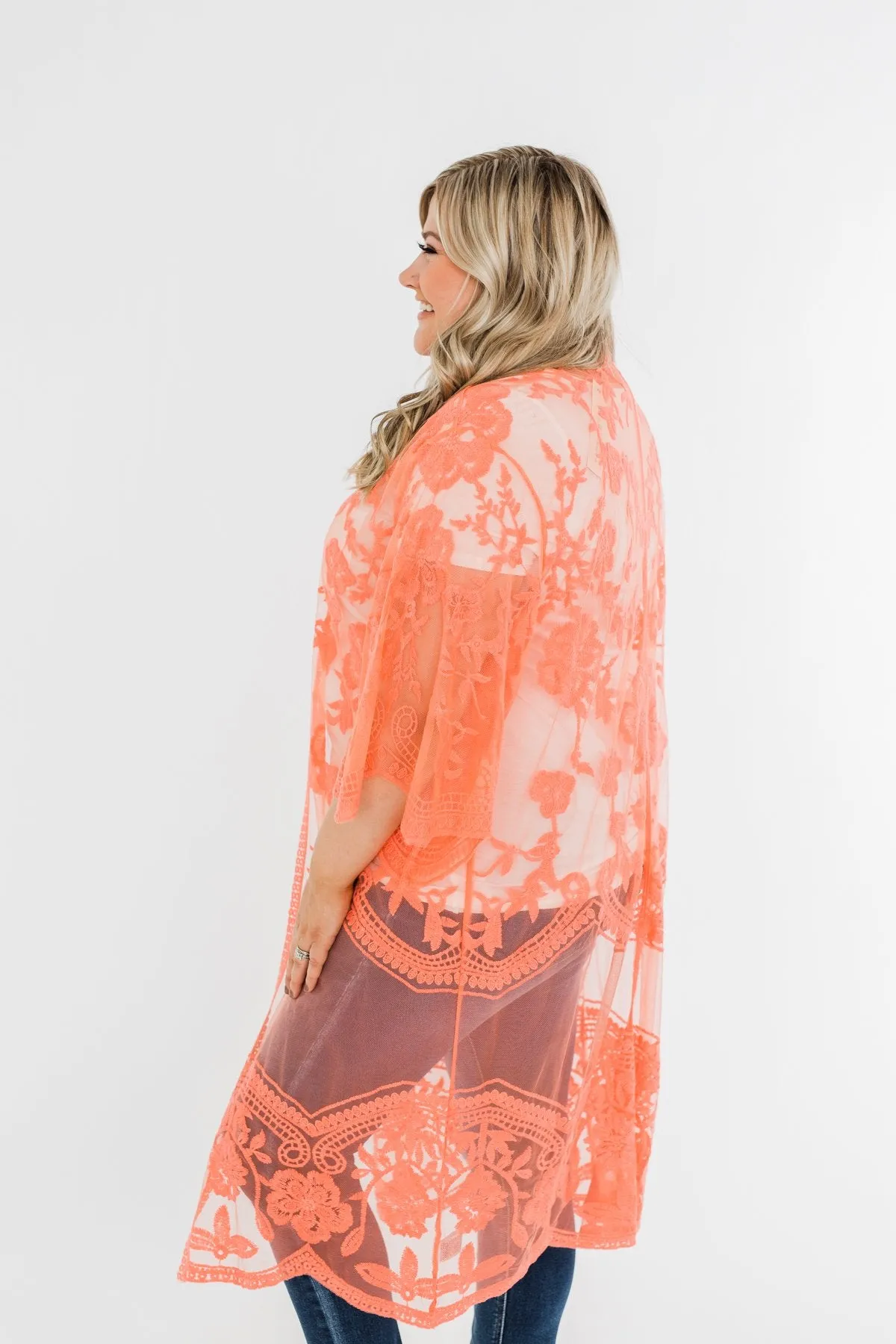 Long Sheer Floral Lace Kimono- Coral