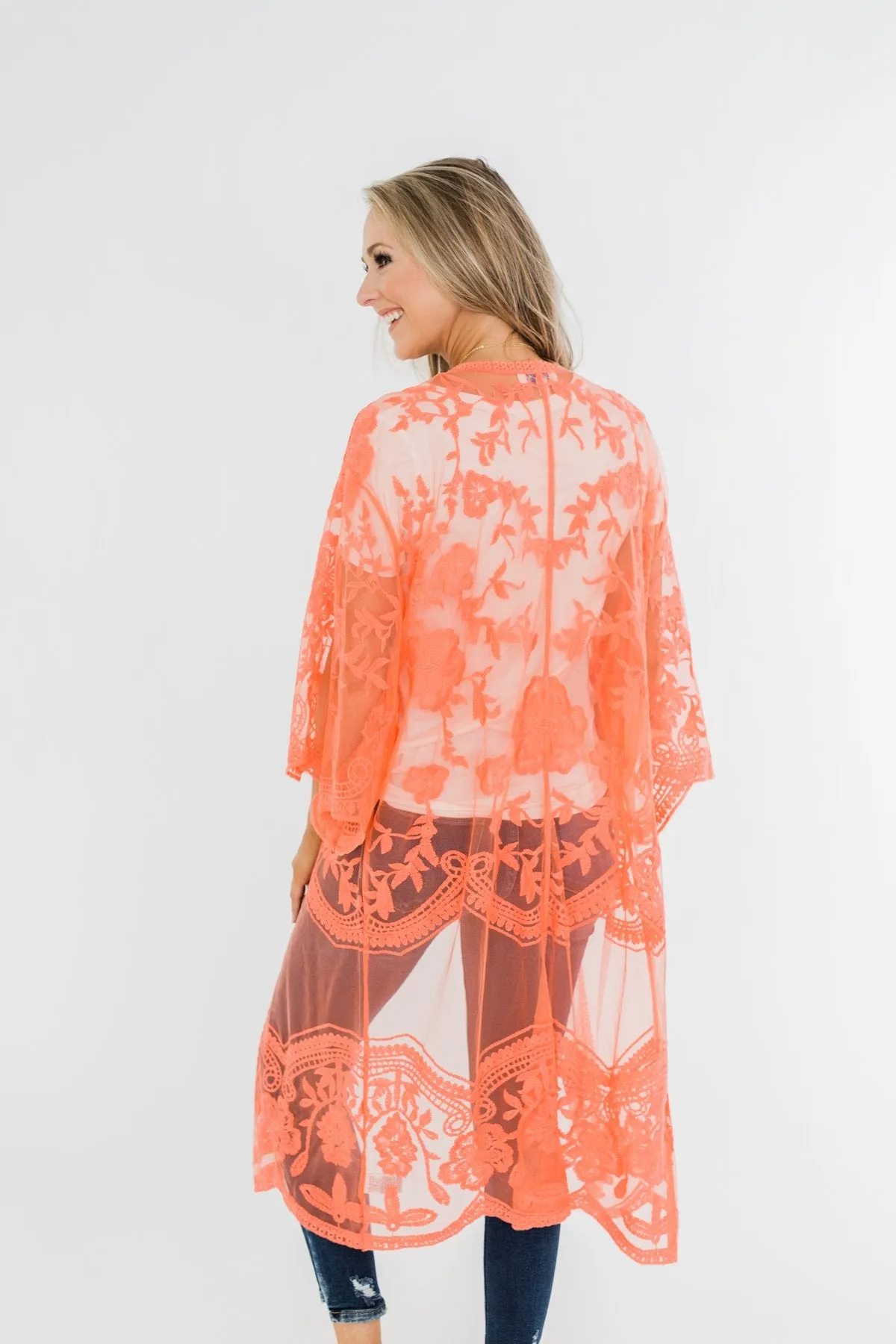 Long Sheer Floral Lace Kimono- Coral