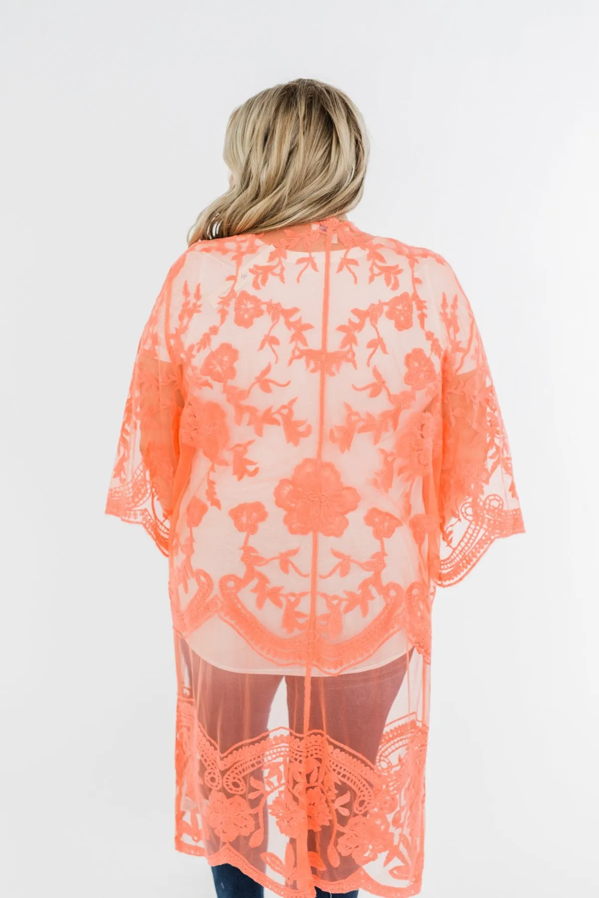 Long Sheer Floral Lace Kimono- Coral