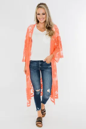 Long Sheer Floral Lace Kimono- Coral