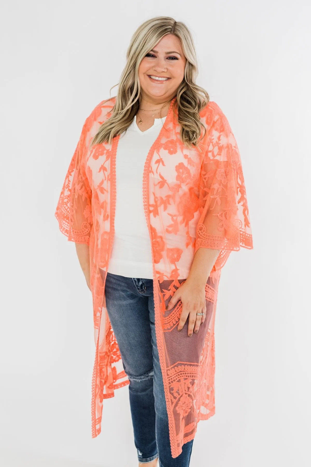 Long Sheer Floral Lace Kimono- Coral