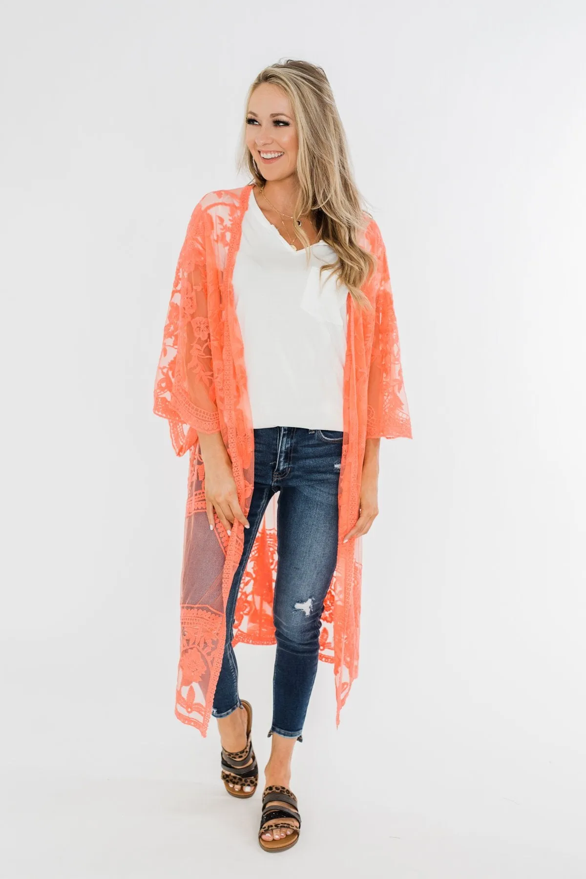 Long Sheer Floral Lace Kimono- Coral