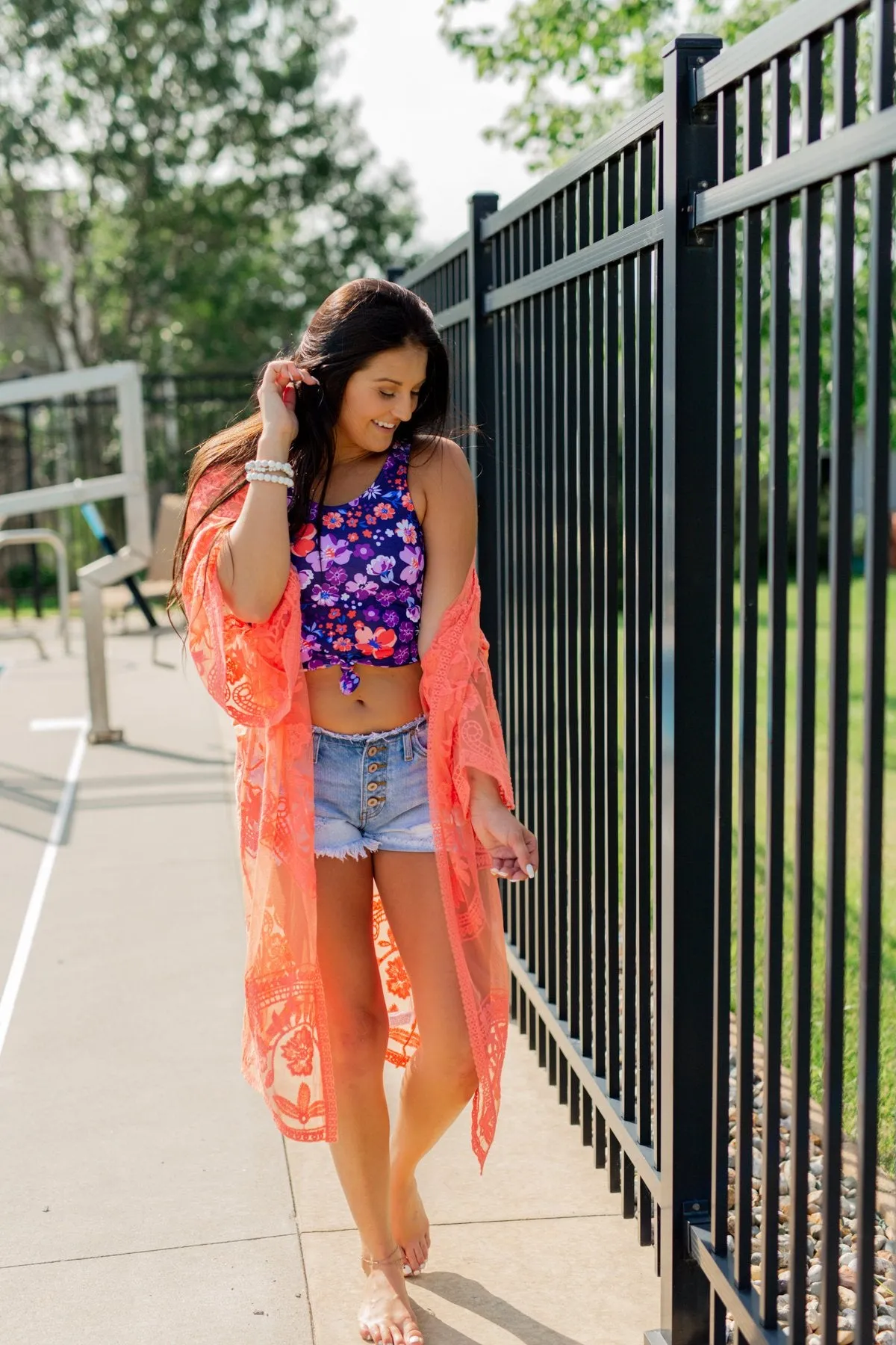 Long Sheer Floral Lace Kimono- Coral