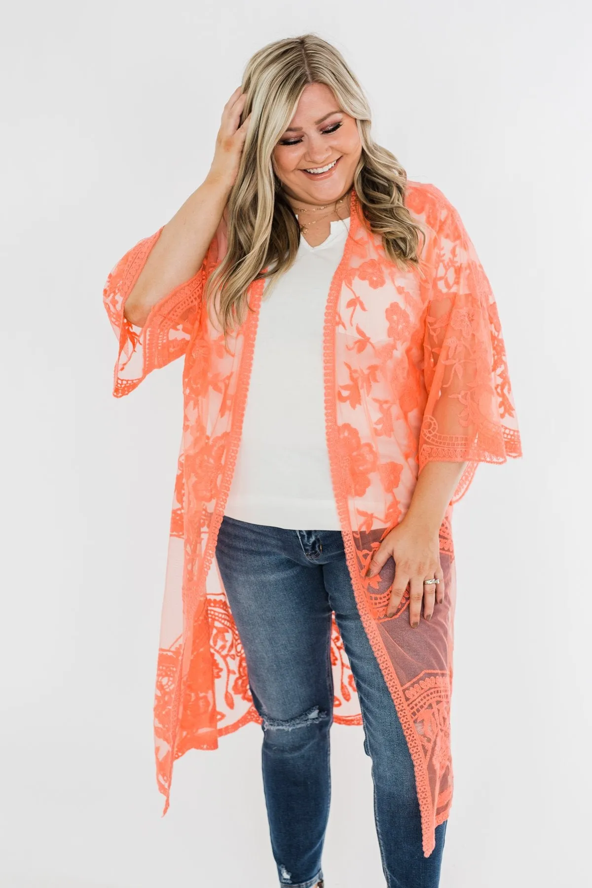 Long Sheer Floral Lace Kimono- Coral