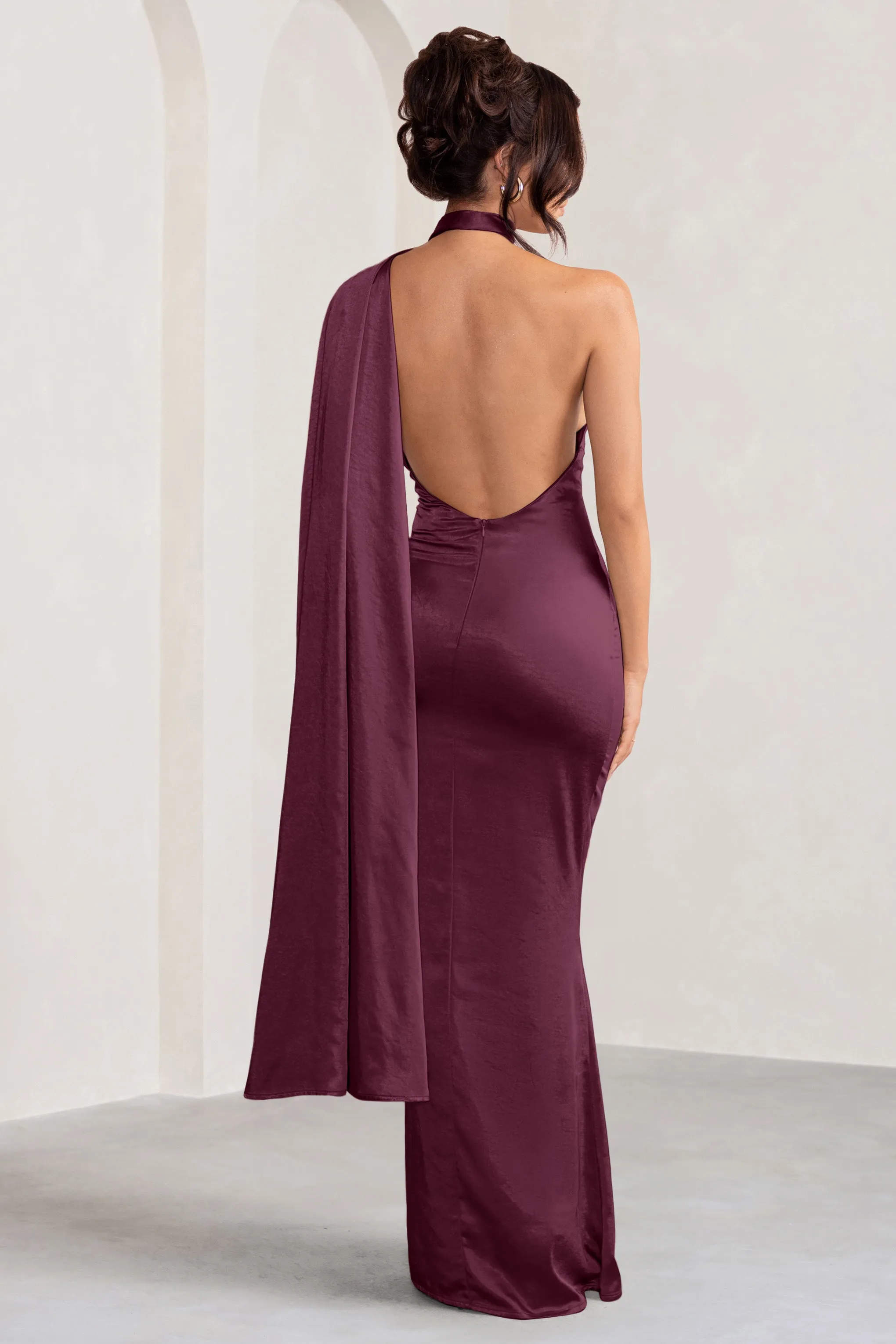 Mademoiselle | Burgundy Satin Asymmetric Scarf Neck Backless Maxi Dress